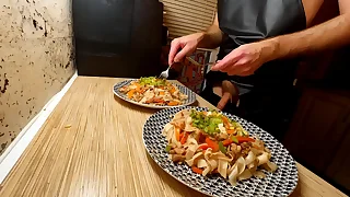 Blue cooking&period; Naked gay scrubwoman civil-service employee is cooking rice noodle with dastard and vegetables